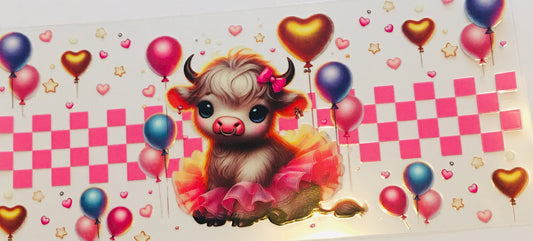 16oz UV DTF Cup wrap, Highland Cow, Celebration, Balloons